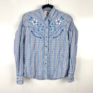 Ranger's Woman Blue Plaid Embroidered Button Front Western Shirt Size Medium